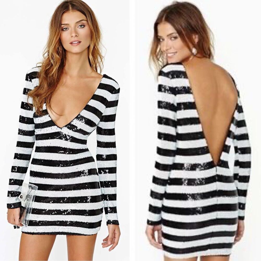 Nasty Gal Sequin Long Sleeve V-neck Mini Dress Black & White XXS